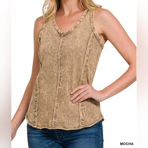 Women's Sleeveless 100% Cotton French Terry Crinkle V-Neck Top in Mocha